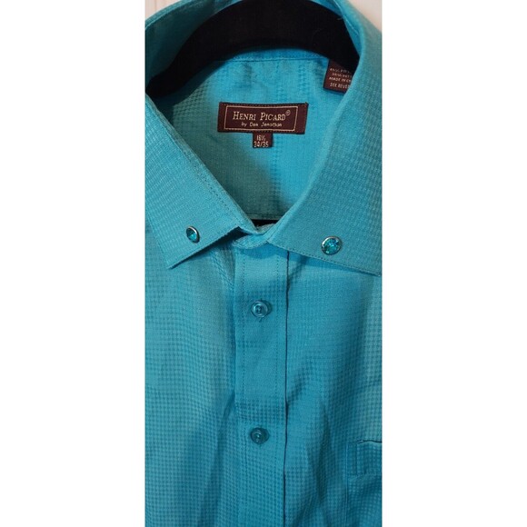 Men HENRI PICARD Blue Single Needle Tailoring French Cuff Dress Shirt Sz 16‎ 1/2 - Picture 2 of 7
